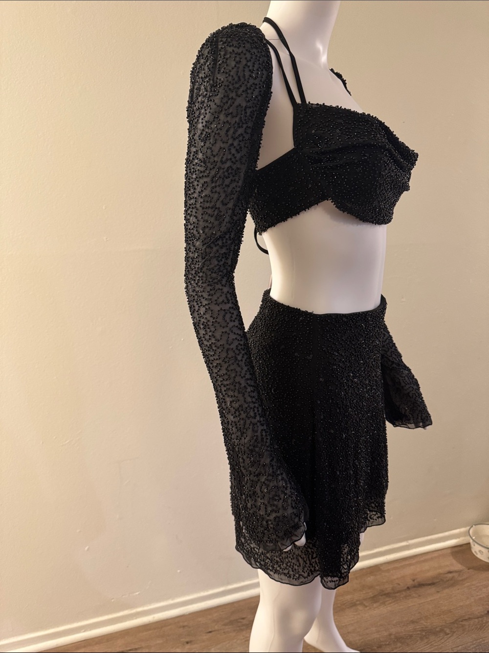 Black Beaded Two-Piece Mesh Set - Crop Top & Skirt - Picture 3 of 5